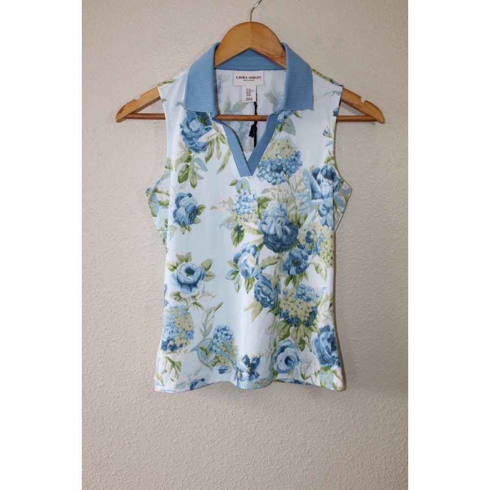 Laura Ashley Womens Blue Floral Sleeveless Polo Shirt Golf Tennis XS NWT